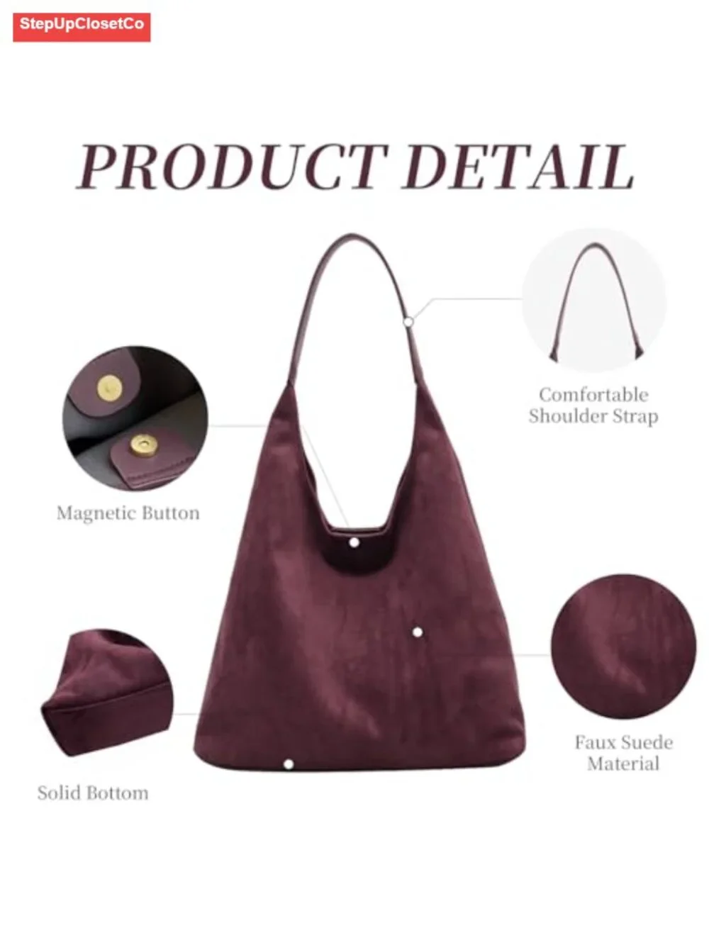 Faux Suede Slouchy Hobo Tote Bag for Women Retro Shoulder Handbag